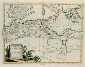 Barbary Coast eller kungadömena Marocko, Fez, Algeriet, Tunisien och Tripoli med omgivande länder, gravyr av G. Zuliani hämtad från Tome IV av "Newest Atlas" publicerad i Venedig 1784 av Antonio Zatta, Privat samling