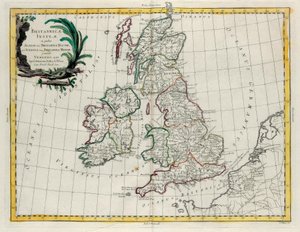 De brittiska öarna där finns Albion eller Greater Britain och Ivernia eller Lesser Britain, gravyr av G. Zuliani hämtad från Tome I of the Newest Atlas publicerad i Venedig 1785 av Antonio Zatta