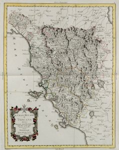 Storhertigdömet Toscana uppdelat i sina provinser, gravyr av G. Zuliani hämtad från Tome II av "Nyaste Atlas" publicerad i Venedig 1783 av Antonio Zatta, Privat samling