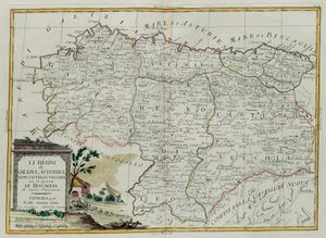 Kungadömena Galicien, Asturies, Leon, Castilla Vieja med rådet av Biscallia, gravyr av G. Zuliani hämtad från Tome I av den nyaste atlasen publicerad i Venedig 1776 av Antonio Zatta, Priva av G. Zuliani