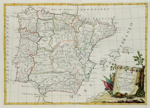 Kungadömena Spanien och Portugal delade sig i sina provinser, gravyr av G. Zuliani hämtad från Tome I of the Newest Atlas publicerad i Venedig 1775 av Antonio Zatta, Privat samling