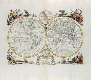Världskarta och en allmän beskrivning av jordklotet, gravyr av G. Zuliani hämtad från Tome I of the Newest Atlas publicerad i Venedig 1774 av Antonio Zatta