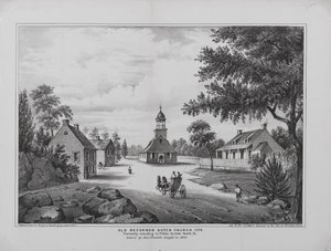 Old Reformed Dutch Church 1776, tecknad av Miss Elizabeth Sleight 1808, tryckt för H. McCloskeys Manuel i Brooklyn, 1864 av G. after Hayward