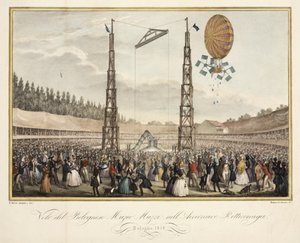 Bolognese Muzio Muzzis flygning (1809-46) i luftskeppet Retirremiga, 1838 av G. after Meloni