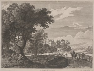 Landskap med resenärer som korsar en bro (etsning och gravyr) av Gabriel (after) Perelle