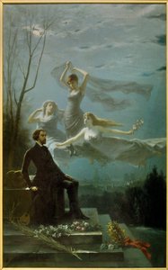 Romantik: "The Nights of Musset"" Den franske poeten Alfred de Musset (1810-1857) inspirerar av Muses för att skriva "The Nights"" Målning av Gabriel Aimable de la Foulhouze (1825-1887). 1886 Olja på duk Clermont Ferrand (Clermont-Ferrand). Uppfattat av Gabriel Amable de Lafoulhouze