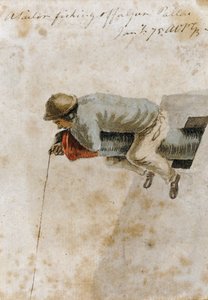 En fiskande sjöman sitter på en kanon