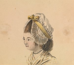 Huvud av kvinna i flätad mössa, ca 1774 (akvarell)
