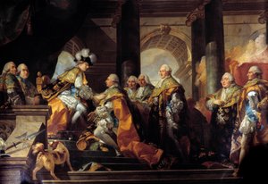 Kung Ludvig XVI (1754-1793) mottog i Reims hyllningen av riddarna av den Helige Andes Orden (Den Helige Andes Orden) efter sin invigning den 13/06/1775 Detalj. Målning av Gabriel Doyen (1726-1806) Sön. 3,45 x 4,85 m