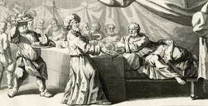 Jesus bjöd in till middag med fariséen, illustration från Lukasevangeliet, kapitel 11:37, 1728 av Gabriel Francois Louis Debrie