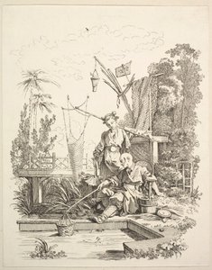 En kinesisk man och kvinna som fiskar vid en fiskdamm, 1700-talet.