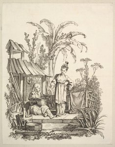En sittande kinesisk man och en kvinna som bär en fisk, ca. 1742. av Gabriel Huquier