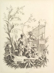 Chinoiserie med figurer i ett landskap, 1700-tal.