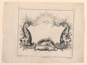 Escutcheon, från "Recueil Nouveau de Differens Cartouche" av Gabriel Huquier