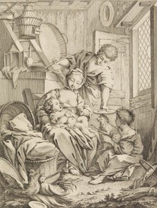 Plåt 1: Ung kvinna som matar sitt spädbarn, från Premier Livre de Subjects et Pastorales Fi..., 1720-72.