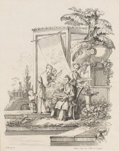 Sittande kvinna med barn och tjänare, ca. 1738-45. av Gabriel Huquier