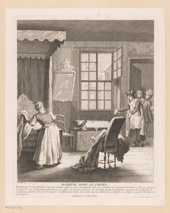 Slaapkamerinterieur träffade Ragotin i en kist Skvaller i bagageutrymmet (titel på objekt) Scener från Roman Comique van Scarron (serietitel)