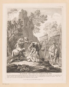 Sovande ragotin bundet och kidnappat Ragotin lié par les föräldrar du fol (titel på objekt) Scener från Scarrons Roman Comique (serietitel) av Gabriel Huquier