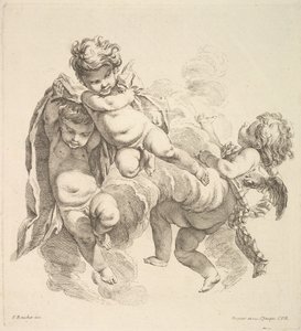 Tre barn bland moln som bär ett draperi, 1738-45. av Gabriel Huquier