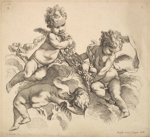 Tre barn med ett fruktfat, 1738-45. av Gabriel Huquier