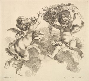 Två barn, ett håller en korg med blommor, 1738-45.