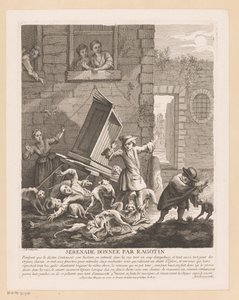 Avbrott i orgelspel av gatuhundar Serenade donnée par Ragotin (titel på objekt) Scener från Scarrons Roman Comique (serietitel)