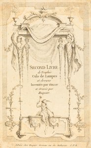 Second Book of Ends of Lamps and Currency Trophys: Titelsida av Gabriel Huquier after Claude Gillot