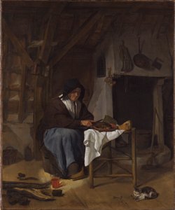 Gammal kvinna vid sin måltid i en interiör av Gabriel Metsu