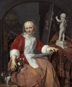 Porträtt av Isabella de Wolff (....-1718) som konstnär av Gabriel Metsu