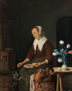 Kvinna som äter, känd som "Kattens frukost", ca 1661-64 (olja på pannå) av Gabriel Metsu