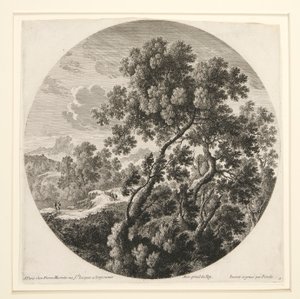Landskap med två resenärer och ett slott; och Herdsman, Sheep and Cattle in a Landscape, från en uppsättning av sex landskap av Gabriel Perelle
