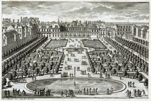 Utsikt över Parc du Palais Royal i Paris. Gravyr av Perelle, slutet av 1600-talet.