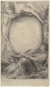 Allegorisk ram med ett geni och en beslöjad kvinna som skriver, ca 1769 (svart krita på papper)