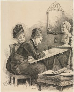 Två kvinnor som skissar en skulptur, 1878. av Gabriel von Hackl