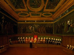 Tio rådssal i Venedig, av Gabriel Bella (1730-1799), olja på duk, 94x147 cm, Italien