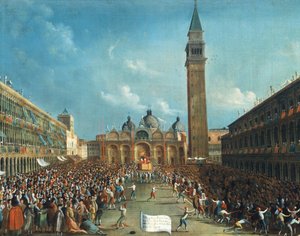 Dogen bärs triumferande och sprider pengar på Piazza San Marco (Markusplatsen) av Gabriele Bella