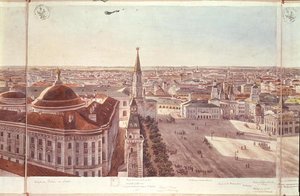 Panorama över Moskva, föreställande det före detta senatspalatset (nuvarande regeringskansliet), Kremls befästningar och Röda torget, 1819 (wc på papper) (se 170139-170146)