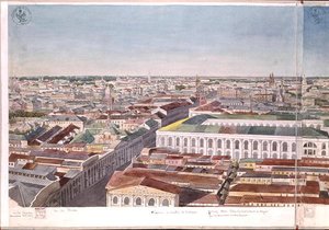 Panorama över Moskva, föreställande det tidigare marknadstorget och börsen i Gostiny Dvor, 1819 (wc på papper) (se 170139-170146)