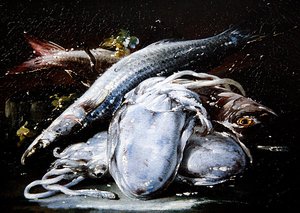 Bläckfisk, grå mulle och röd mulle vilande på en stenavsats (olja på duk) av Gaetano Cusati