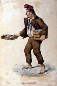 Små metiers av Neapel: säljaren av fisk (fiskhandlare). Litografi av F. Dura