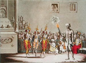 Tre Baltok firar den hinduiska Giolen-Giatrah-festivalen, platta 52 från "Le Costume Ancien et Moderne" av Jules Ferrario, publicerad på 1820-30-talen (färglitografi).