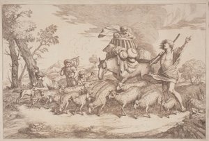 En pastoral resa med ett barn i en korg till häst av Gaetano Zompini, after Giovanni Benedetto Castiglione