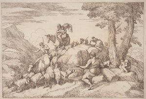 En pastoral resa med en mor och ett barn till häst och en äldre herde sittande av Gaetano Zompini, after Giovanni Benedetto Castiglione
