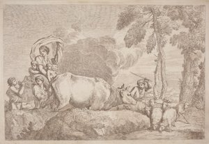 En kvinna med två barn till häst av Gaetano Zompini, after Giovanni Benedetto Castiglione