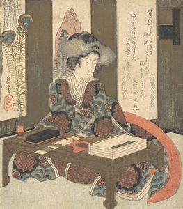 En dam som ska skriva en dikt, ca. 1820. av Gakutei