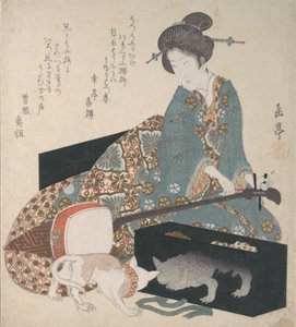 Kvinna som stämmer en Shamisen och en katt ser på sin egen reflektion, mitten av 1820-talet.