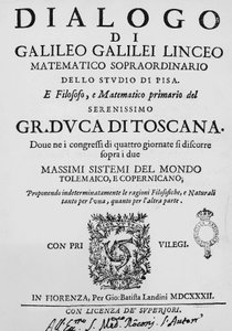 Titelsida till Dialog angående två huvudvärldssystem, Ptolemaic och Copernican, av Galileo Galilei (1564-1642), publicerad i Florens 1632 av Gian Battista Landini