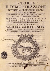 Titelsida av Historia och demonstrationer om solfläckar och deras egenskaper av Galileo Galilei