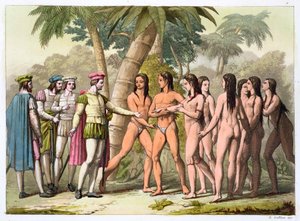 Christopher Columbus med Hernan Cortes tar emot en amerikansk flicka som gåva, c1820-1839