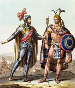 Mötet mellan Hernan Cortes (1485-1547) och Montezuma II (1466-1520) från "Le Costume Ancien ou Moderne" av Jules Ferrario, Milano, ca 1820.